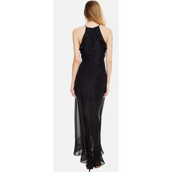 ASTR‎ THE LABEL Arielle Ruffled Black Shimmer Slit Front Maxi Dress S NWT $120 - Picture 3 of 14